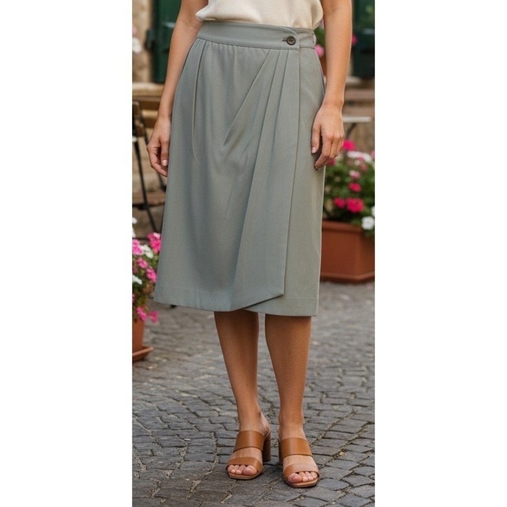 Giorgio Armani‎ Wrap Skirt Wool Olive Green Pleated Midi Designer Sz 38/4 Italy